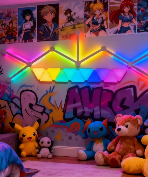 anime-inspired RGBIC gaming room with modular LED panels, vibrant ambient lights, otaku aesthetic setup, RGB wall panels and mood lighting for gamers, streamers, décor lovers – Gaming Hexagon Lights