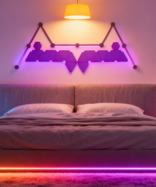 cozy RGBIC bedroom ambient lighting setup with soft modular LED panels, warm gradient mood lights, smart wall décor lighting for relaxing modern bedrooms – Gaming Hexagon Lights