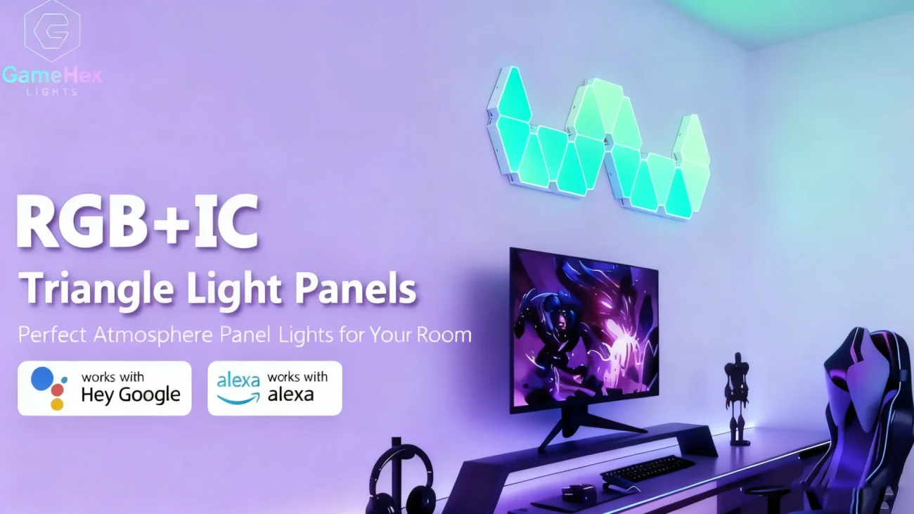 Gaming Hexagon Lights RGBIC Triangle LED Panels – Modular Smart Wall Lights for Gaming, Streaming, Bedroom, and Home Decor