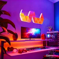 Extra-large RGB triangle LED light panels for gaming rooms and home ambience, smart modular wall lights with app control and music sync