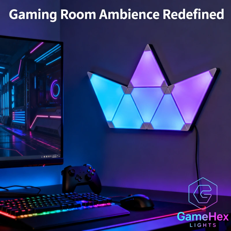 Large RGB triangle LED wall light panels for gaming rooms, bedroom décor, studio lighting, and modular smart home setups