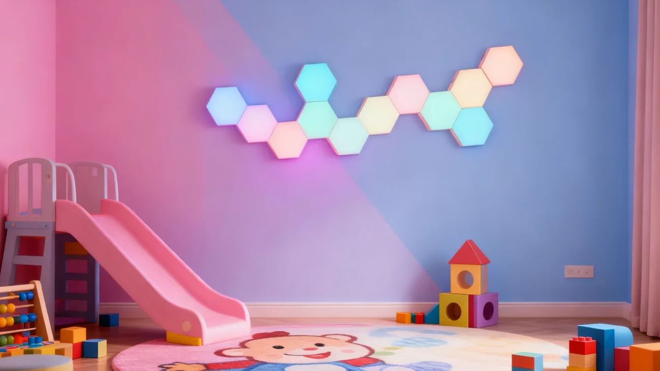 Gaming Hexagon Lights RGBIC hexagon LED wall panels with music sync, modular smart ambient lighting for gaming rooms, streaming backgrounds, PC setups, content creators and home décor