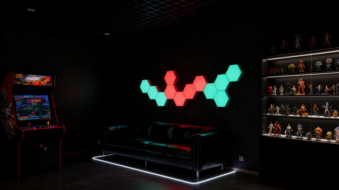 “Gaming Hexagon Lights RGBIC hexagon modular LED wall panels with music sync effects for gaming rooms, streaming setup, bedroom décor, and smart home lighting”
