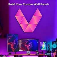 Large format RGB triangle LED wall lights for gaming rooms, home offices, bedrooms, and modern home decoration, featuring fully customizable colors, adjustable brightness, dynamic lighting modes, app and remote control, and modular magnetic panels for flexible wall arrangements – Gaming Hexagon Lights.