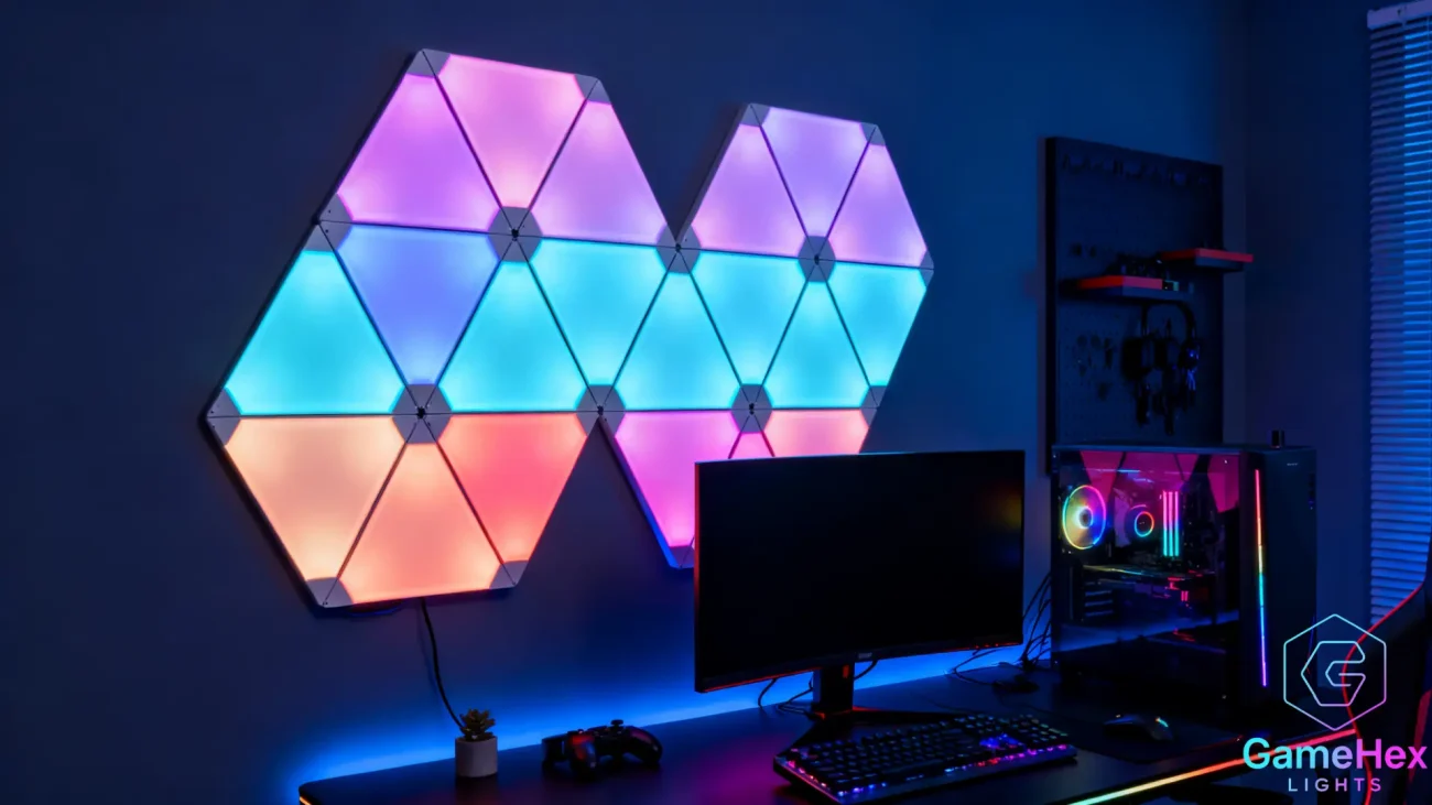 Large format smart LED triangle wall panels with RGB modular lighting kit for home office, studio, gaming desk setups, and modern interiors, featuring customizable colors, adjustable brightness, app and remote control, magnetic modular design for flexible wall layouts, creating immersive ambient lighting for gamers, streamers, and creative professionals – Gaming Hexagon Lights.
