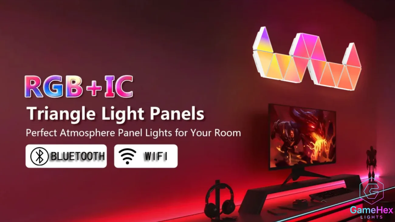 Large RGB triangle LED wall lights for bedrooms, home offices, and studio setups, featuring smart modular design, customizable RGB colors, adjustable brightness, dynamic lighting modes, and app or remote control for immersive ambient lighting, perfect for gamers, content creators, and modern home décor enthusiasts – Gaming Hexagon Lights.