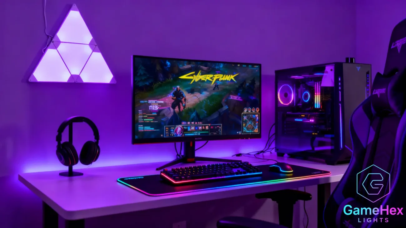 Large smart RGB triangle LED modular panels for gaming setups, creative room design, bedrooms, home offices, and modern interiors, featuring customizable RGB colors, adjustable brightness, dynamic lighting effects, app and remote control, magnetic modular design for flexible wall layouts, ideal for gamers, streamers, and interior design enthusiasts – Gaming Hexagon Lights.