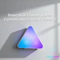 Large triangle LED wall light panels for game room setups, bedrooms, home offices, and modern interiors, featuring RGB modular smart lights with customizable colors, adjustable brightness, app and remote control, magnetic modular design for flexible wall layouts, perfect for gamers, streamers, content creators, and modern décor enthusiasts – Gaming Hexagon Lights.