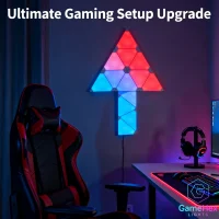 Large triangle LED wall lights for gaming setups, bedrooms, home offices, and modern rooms, featuring smart RGB modular panels with customizable colors, adjustable brightness, dynamic lighting effects, app and remote control, magnetic modular design for flexible wall layouts, ideal for gamers, streamers, content creators, and interior design enthusiasts – Gaming Hexagon Lights.