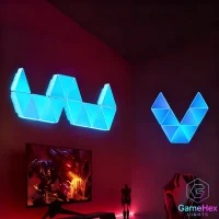 Oversized LED triangle wall lights for gaming rooms, bedrooms, home studios, and modern interiors, featuring smart RGB modular panels with customizable colors, adjustable brightness, dynamic lighting effects, app and remote control, and magnetic modular design for flexible wall layouts, perfect for gamers, streamers, content creators, and modern décor enthusiasts – Gaming Hexagon Lights.
