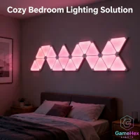RGB triangle wall light panels in large LED format for bedrooms, game rooms, and living rooms, featuring modular smart lighting, fully customizable RGB colors, adjustable brightness, dynamic lighting effects, app and remote control, and magnetic modular design for flexible wall layouts, perfect for gamers, streamers, content creators, and modern interior enthusiasts – Gaming Hexagon Lights.