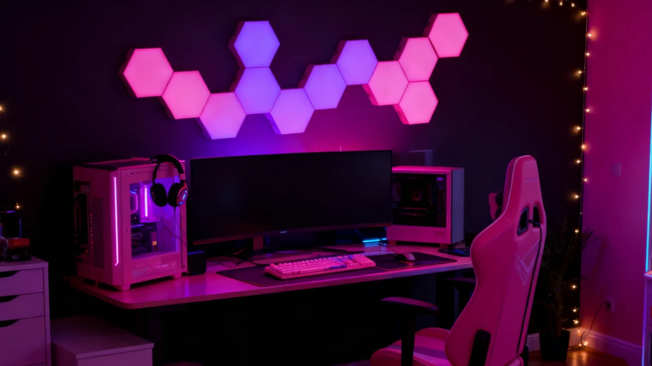 Gaming Hexagon Lights RGBIC gaming wall lighting panels, smart hexagon modular LED system with music sync effects for bedrooms, gaming rooms, streaming setups, offices, and modern home décor
