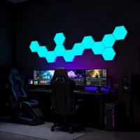 Gaming Hexagon Lights RGBIC hexagon gaming wall lights, 12 smart LED panels, modular ambient lighting for bedrooms, gaming setups, streaming studios, and modern home décor