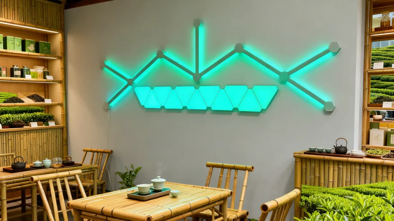 RGBIC mini triangle LED wall panels and light bars for customizable wall art lighting in modern gaming rooms, streaming setups, and home décor by Gaming Hexagon Lights