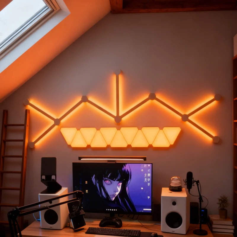RGBIC mini triangle LED wall panels and light bars for gaming rooms, streaming setups, and immersive home décor by Gaming Hexagon Lights