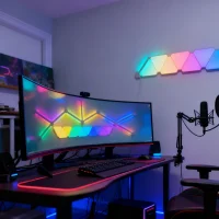 RGBIC mini triangle panels and LED bars bundle with color-sync effects for gaming rooms, streaming setups, and modern home décor by Gaming Hexagon Lights