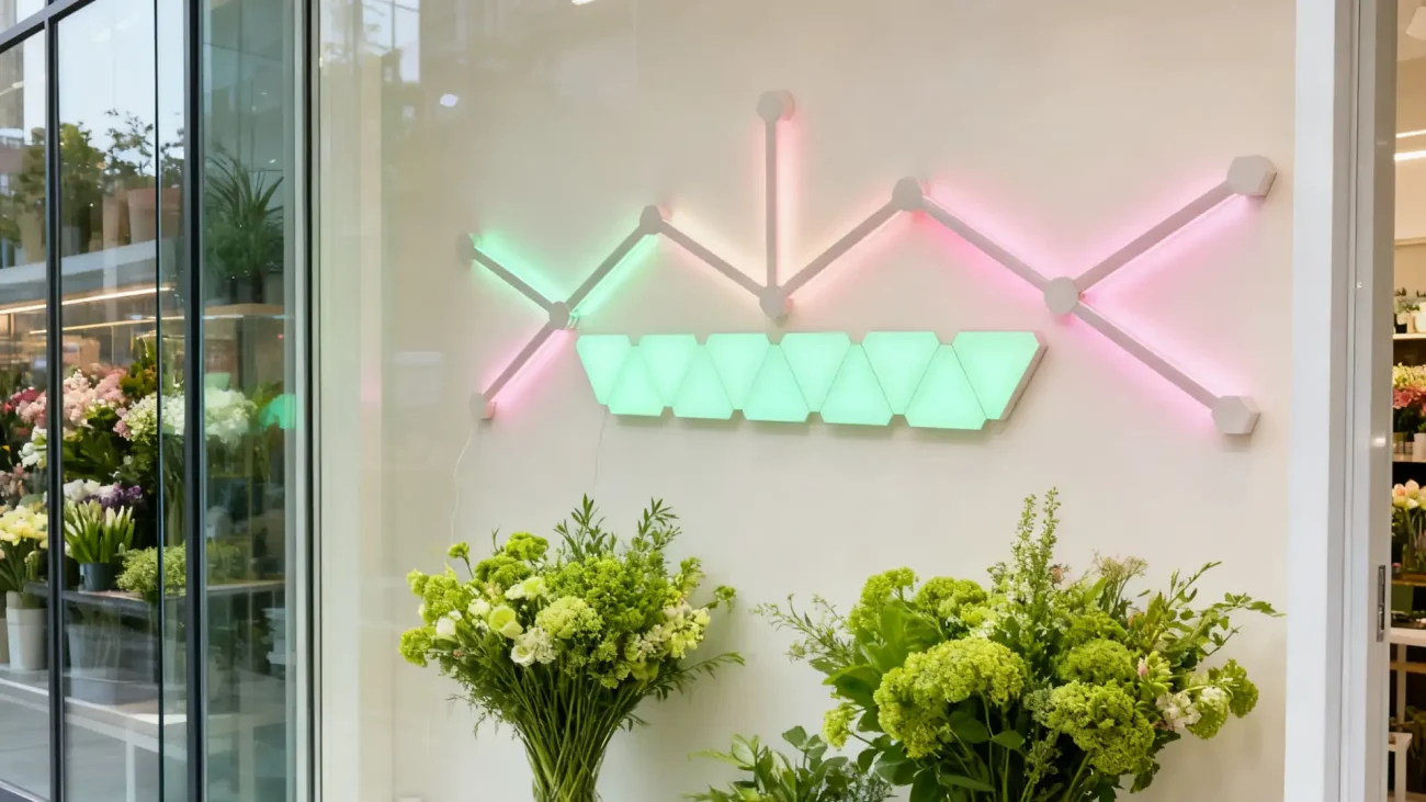 RGBIC mini triangle wall panel lighting with LED bars for personalized gaming rooms, streaming setups, and modern home décor by Gaming Hexagon Lights