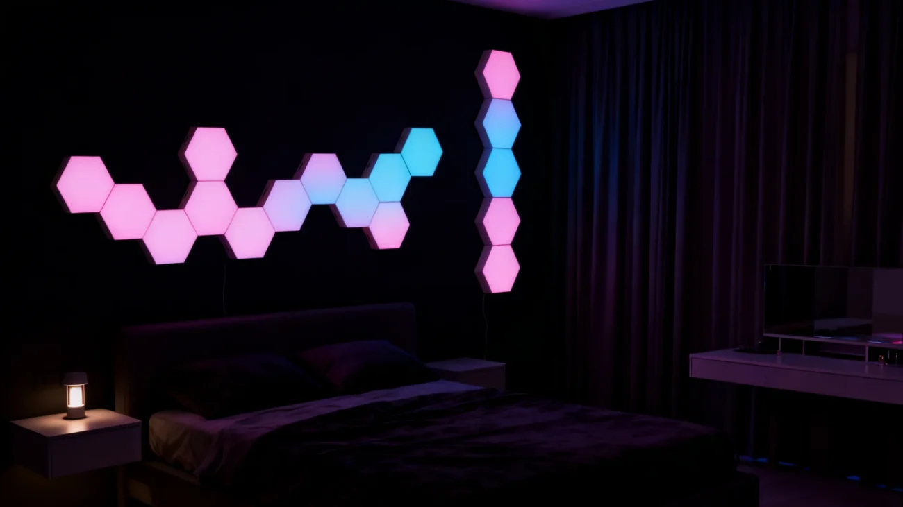 Gaming Hexagon Lights RGBIC modular hex LED wall panels for gaming setups, streaming rooms, content creator studios, and modern home décor