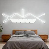 RGBIC modular mini triangle wall panels with LED light bars for immersive gaming rooms, streaming setups, home entertainment spaces, and modern décor by Gaming Hexagon Lights