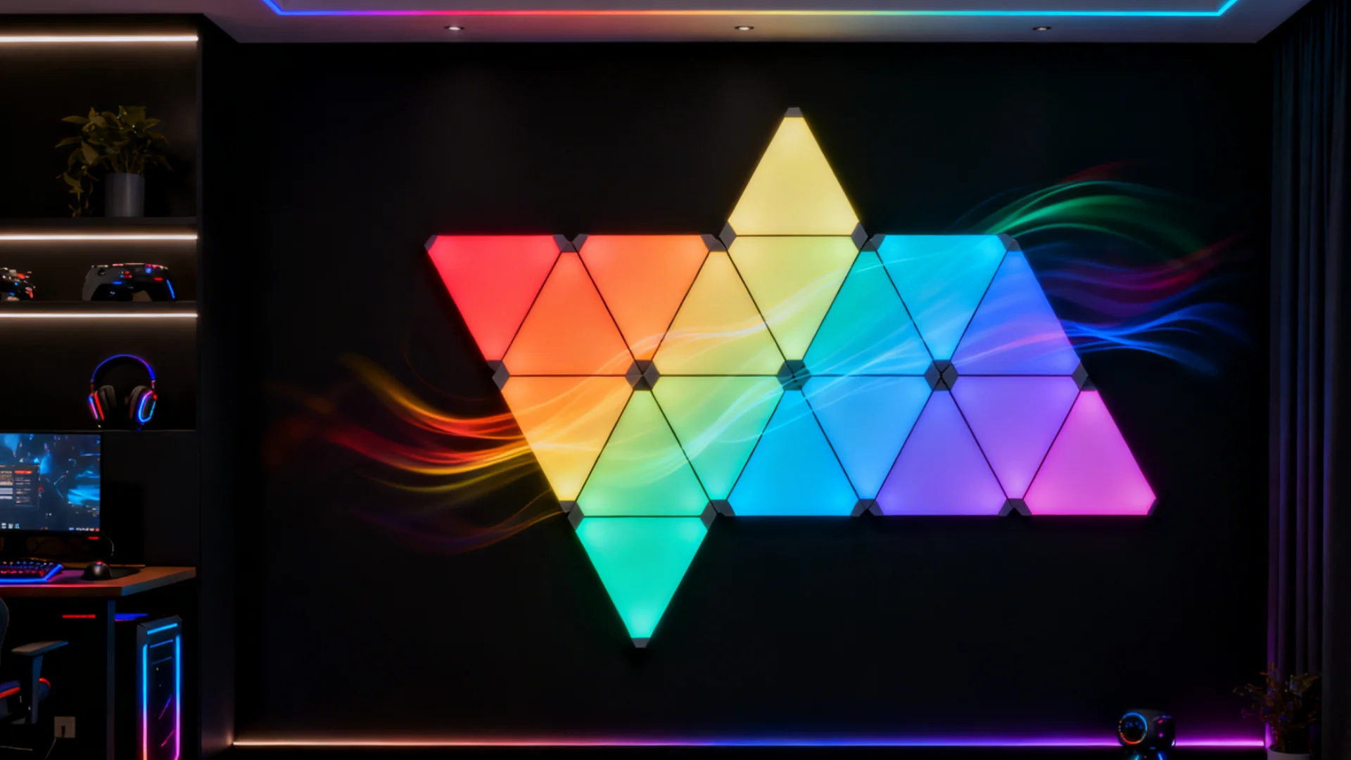 Gaming Hexagon Lights RGBIC Triangle LED Wall Lighting Kit – Smart Modular Panels for Artistic Layouts, Gaming Rooms, Bedrooms, and Relaxing Home Ambience