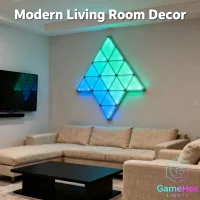 Smart RGB LED triangle wall lights in large format for gaming setups, bedrooms, living rooms, and home studios, featuring modular panels with fully customizable RGB colors, adjustable brightness, dynamic lighting effects, app and remote control, and magnetic modular design for flexible wall layouts, perfect for gamers, streamers, content creators, and modern interior enthusiasts – Gaming Hexagon Lights.