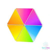 Smart RGB triangle LED wall panels for gaming rooms, living rooms, bedrooms, and home studios, featuring large modular lighting kit with fully customizable RGB colors, adjustable brightness, dynamic lighting effects, app and remote control, and magnetic modular design for flexible wall layouts, perfect for gamers, streamers, content creators, and modern interior enthusiasts – Gaming Hexagon Lights.