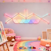 Smart RGBIC mini triangle gaming wall set with 11 LED panels and 9 light bars for immersive gaming rooms, streaming setups, and modern home décor by Gaming Hexagon Lights