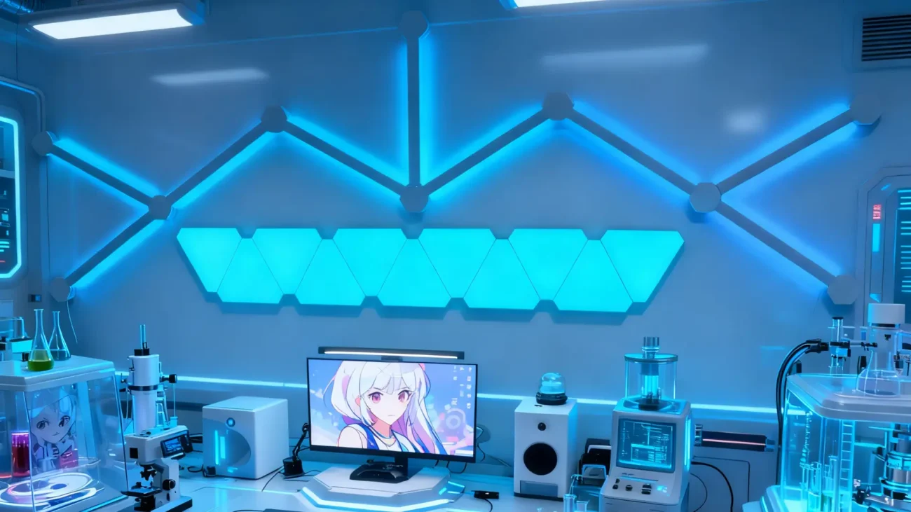 Smart RGBIC mini triangle modular light panels with LED bars for luxury RGB ambient lighting in gaming rooms, streaming setups, and aesthetic home décor by Gaming Hexagon Lights