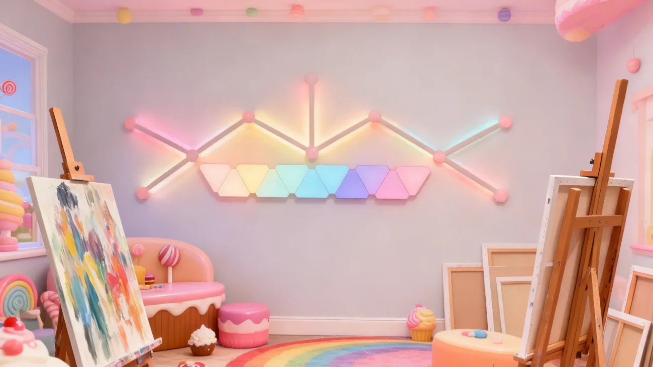 Smart RGBIC mini triangle wall light panels with LED bar extensions for customizable modular lighting in gaming rooms, bedrooms, streaming studios, and creative home décor by Gaming Hexagon Lights