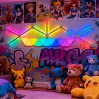 Smart RGBIC mini triangle wall panels with LED light bars for modular sync-to-music ambient lighting in gaming rooms, streaming setups, and modern home décor by Gaming Hexagon Lights