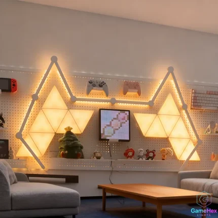 Smart RGBIC Triangle Wall Panels & Light Bar Combo – 14 Triangle Panels + 10 LED Bars for Gaming Room, Streaming Setup, Bedroom Decor Gaming Hexagon Lights
