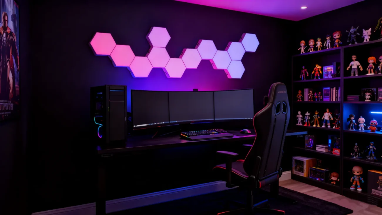 Gaming Hexagon Lights RGBIC hexagon LED wall panels, modular sync-to-music smart lighting, ambient gaming room and entertainment setup décor