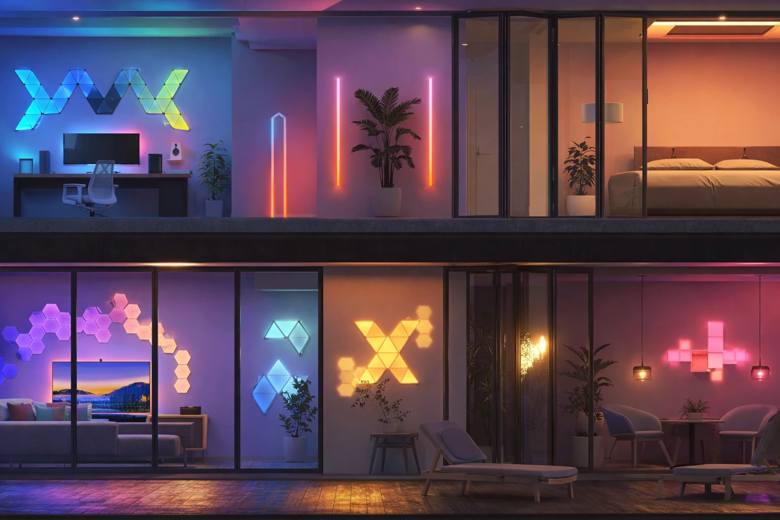 This smart wall light combo demonstrates how modular RGB wall lighting transforms modern living environments into immersive, connected spaces. Designed for versatility, the lighting system adapts seamlessly across multiple rooms, creating consistent ambience while allowing each space to maintain its own character.